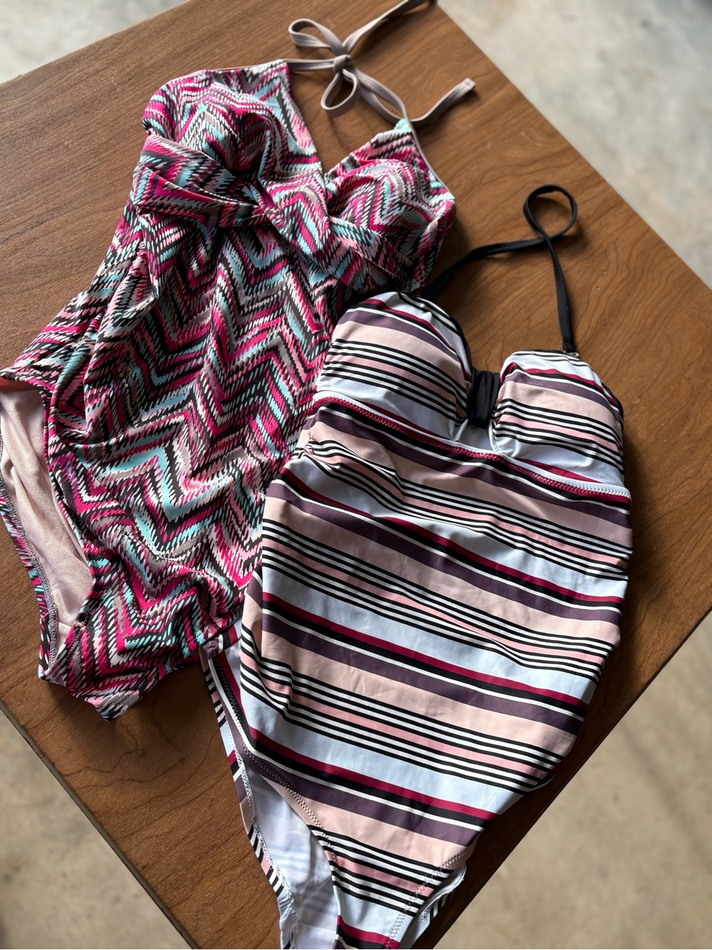 Maternity: Two Patterned One-Piece Swimsuits - Pink Multicolor(D) & Striped (sm)